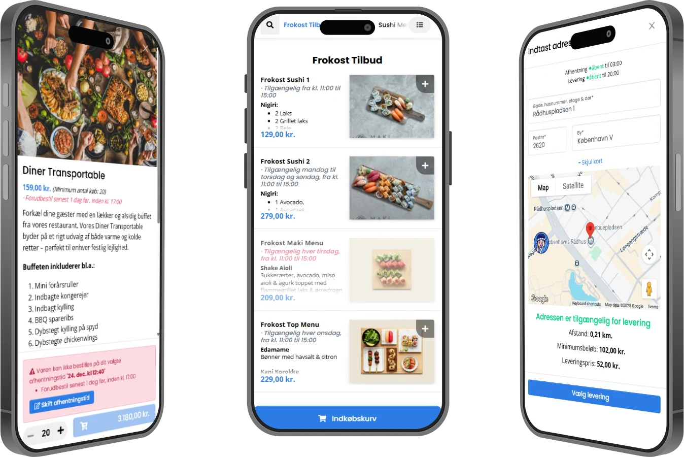 Foodlycart-menu og leveringsbestilling vist på mobiltelefoner